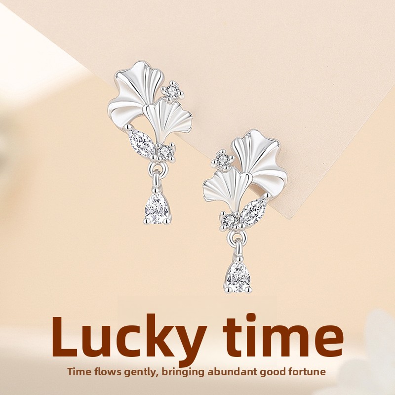 Original Apricot Luck Time Earrings for Women, Pure Silver Summer Forest Style Ginkgo Leaf Earrings, Simple Chic High-End Earrings