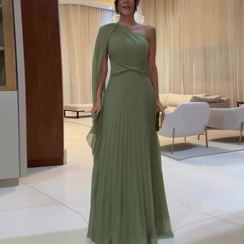 Women Solid Pleated Dresses Tight Waist Skew Collar Long Dresses Slim Fit Elegant Off Shoulder Spliced Vestidos A Line Party LYQ602090