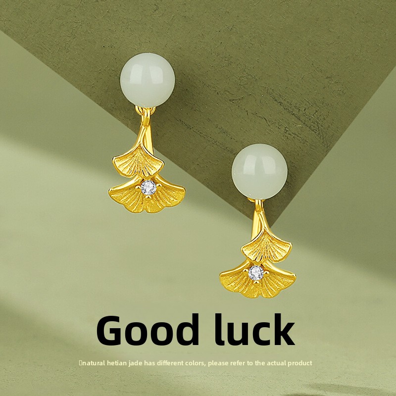 Original small apricot-colored Hetian jade earrings for women, Chinese-style new Chinese silver ginkgo leaf earrings, niche light luxury high-end earrings