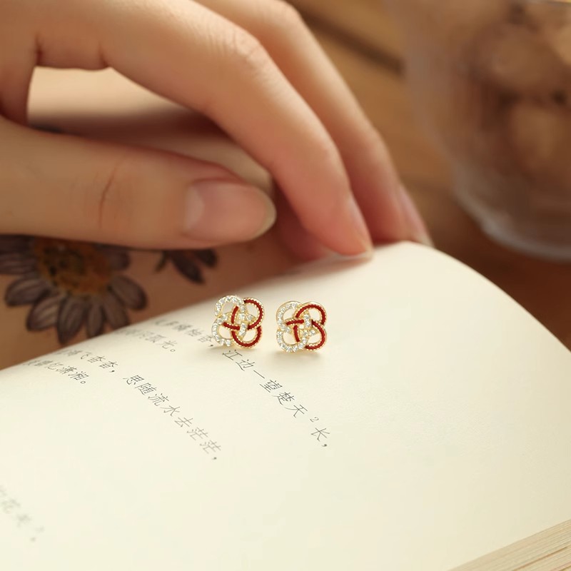 s925 sterling silver fortune knot four-leaf clover earrings for women, summer red vintage Chinese knot design earrings