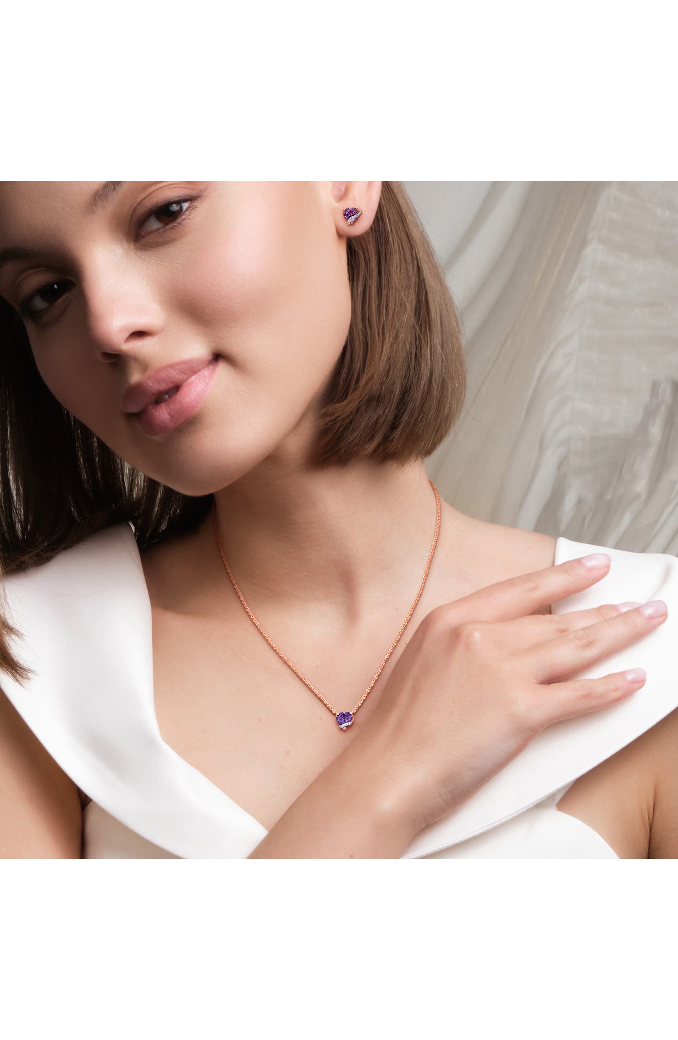 DELMAR Amethyst & Diamond Heart Pendant Necklace & Stud Earrings Set