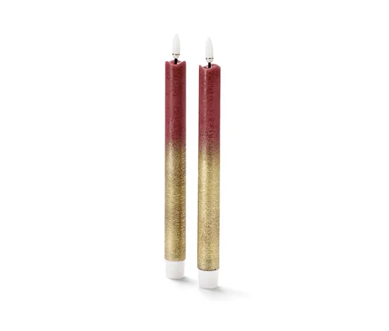 2 LED-Echtwachs-Stabkerzen, dunkelrot-goldfarben