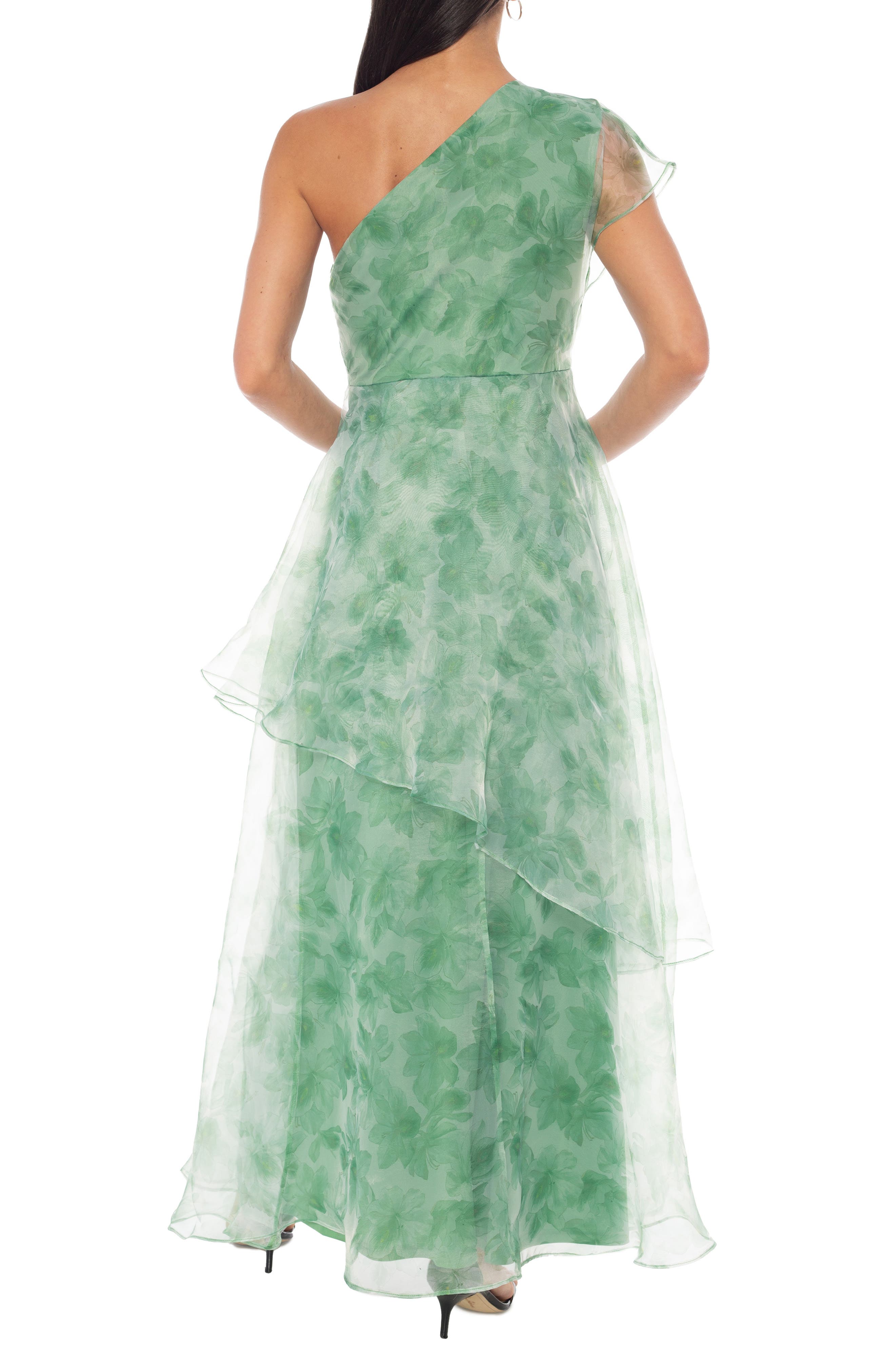 Oleg Cassini One Shoulder Floral Organza Gown