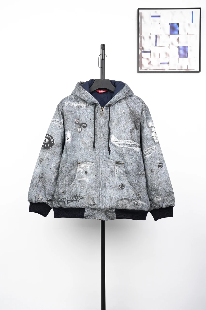 Supreme Grey Trompe L'oeil Label Print Hooded Jacket product photo from LabelPicks