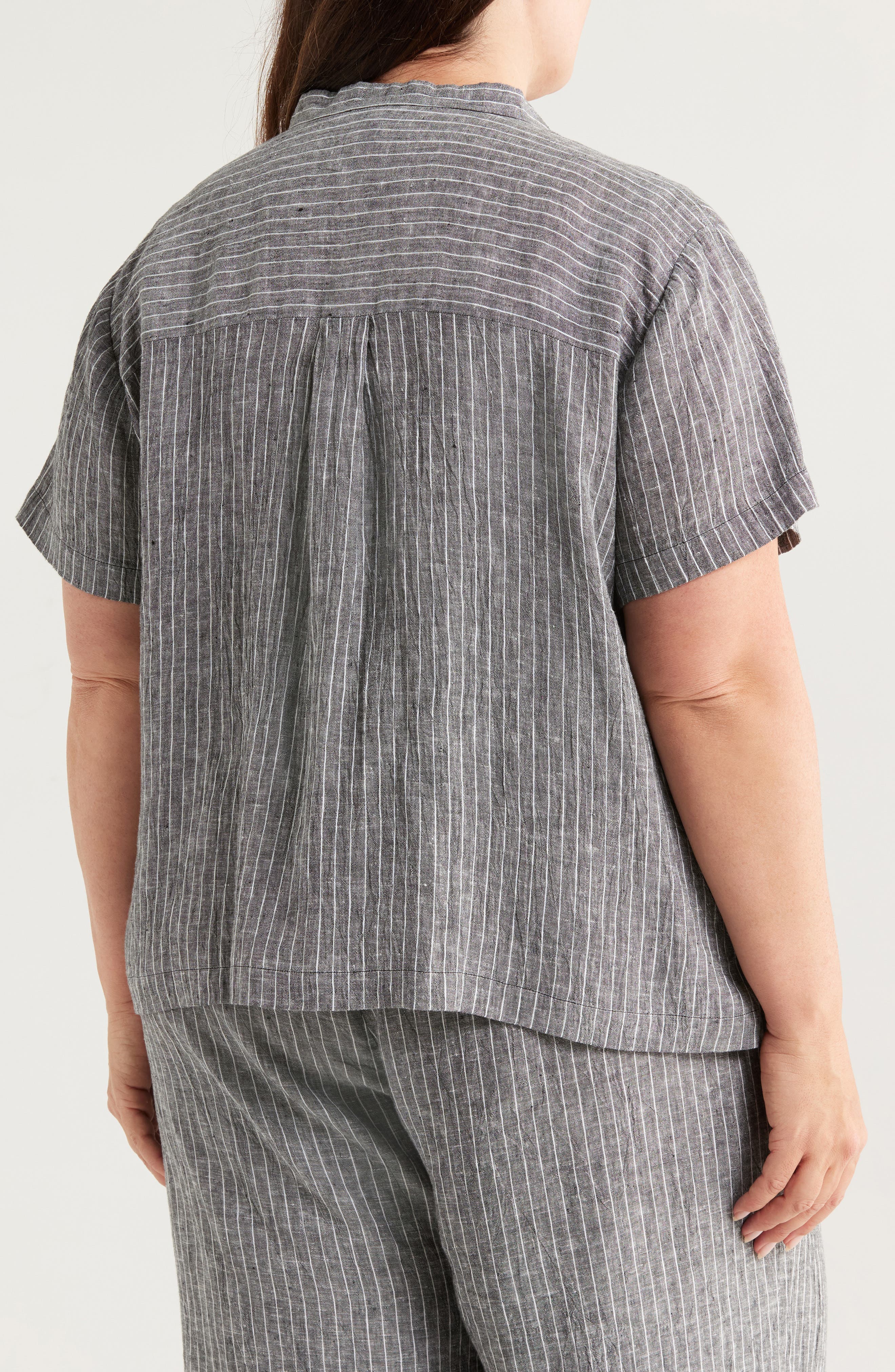 Eileen Fisher Mandarin Collar Organic Linen Button-Up Shirt