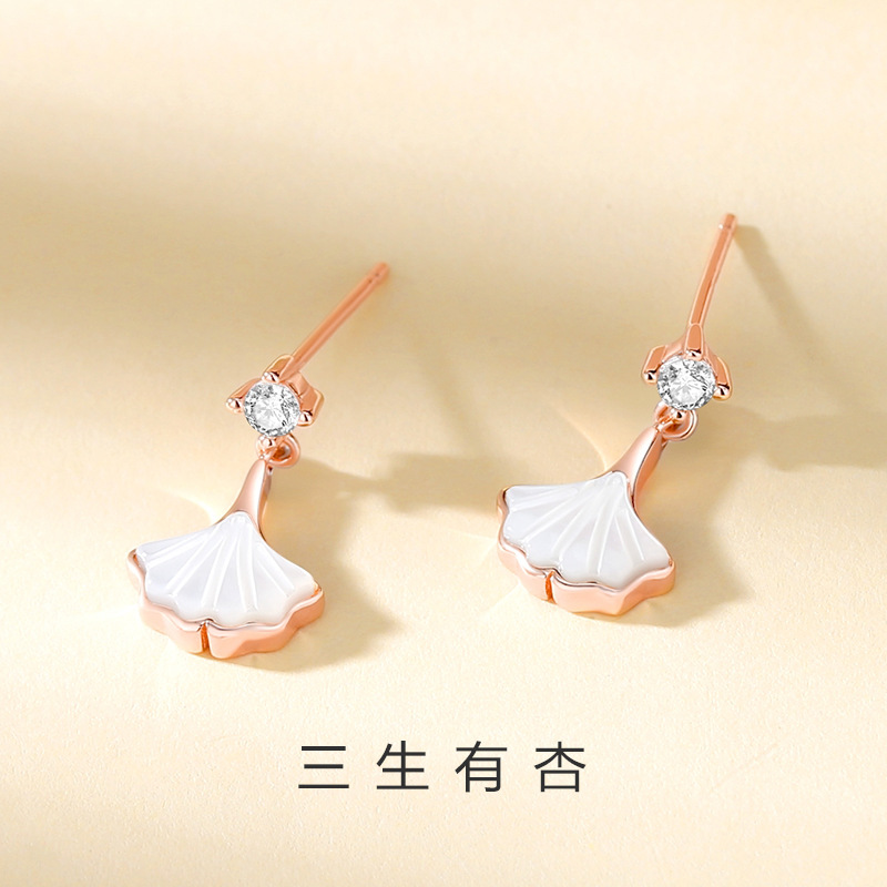 925 sterling silver, three-life-themed earrings, Korean-style design, popular among influencers, small dress-style earrings, rose gold and mother-of-pearl earrings