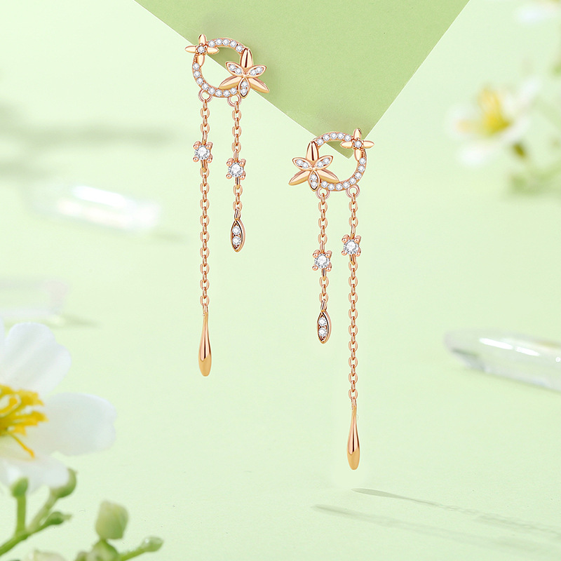 Original wind chime flower earrings for women, sterling silver, forest-style floral tassel ear threads, rose gold, ins-style, small and delicate earrings