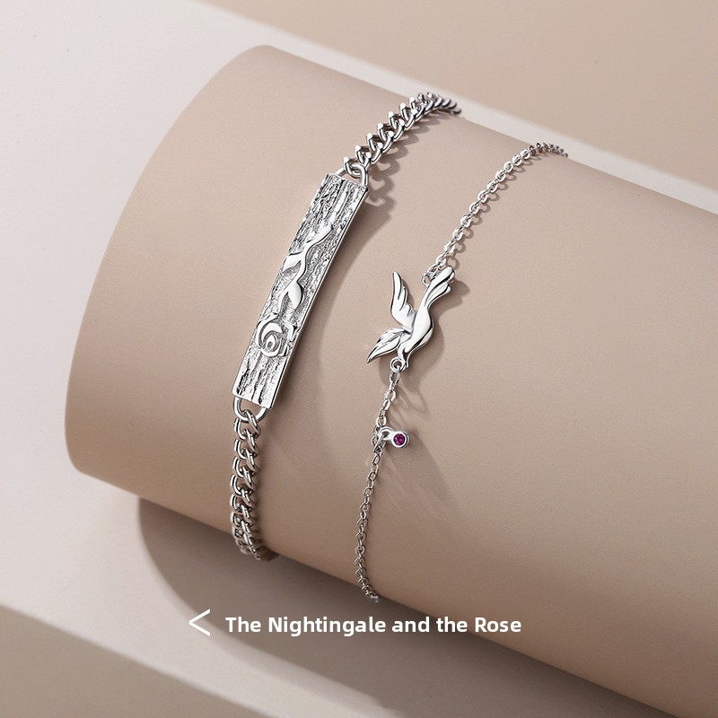 Original Nightingale and Rose Couple Bracelet, a pair of sterling silver bracelets with a unique and stylish design, perfect for both men and women