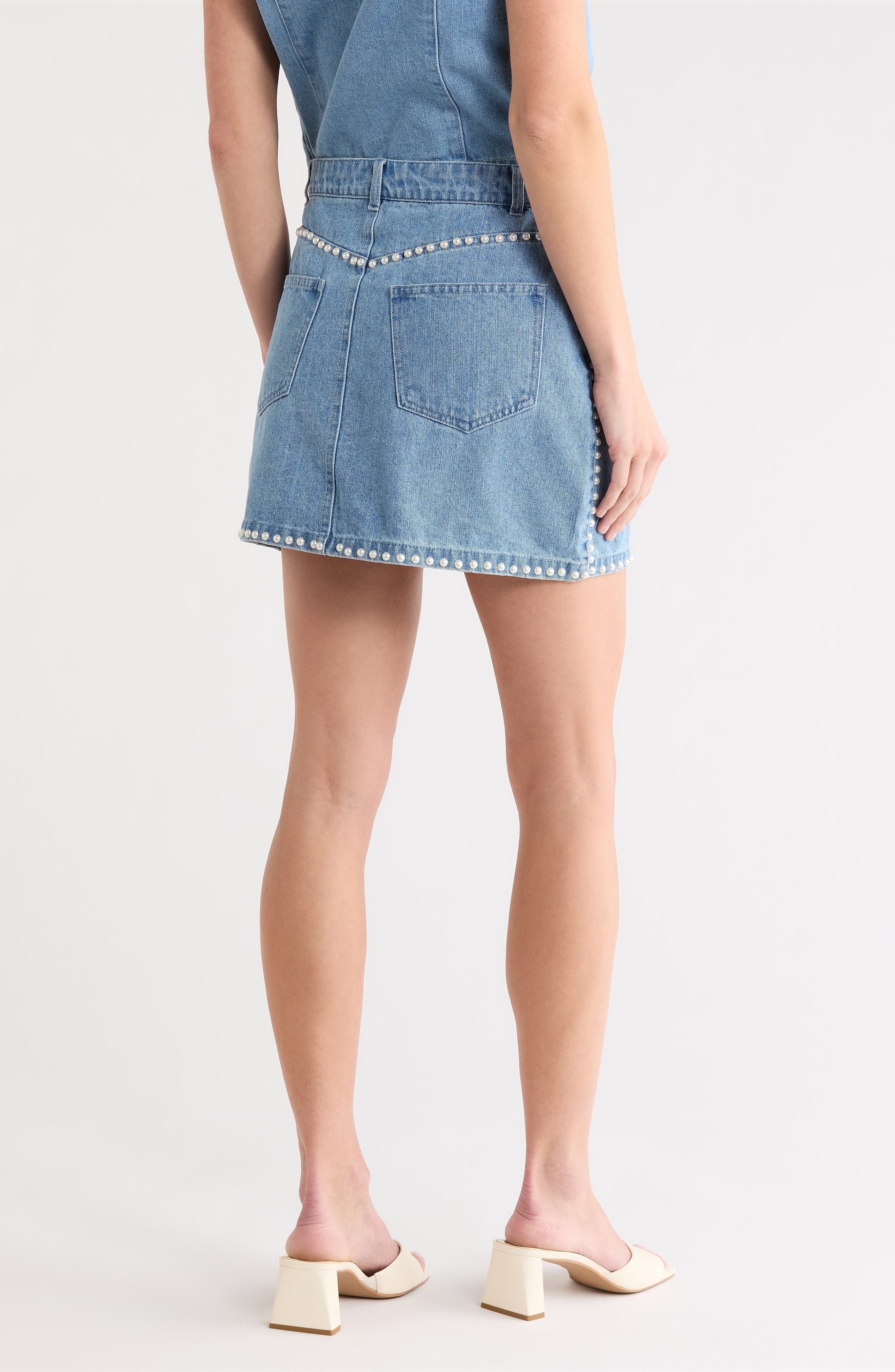 Vigoss Pearly Stud Trim Denim Miniskirt