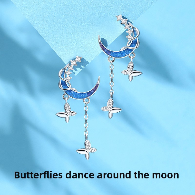 Original butterfly ring moon earrings for women, 925 sterling silver, summer forest style star and moon tassel earrings, enamel and resin drop earrings