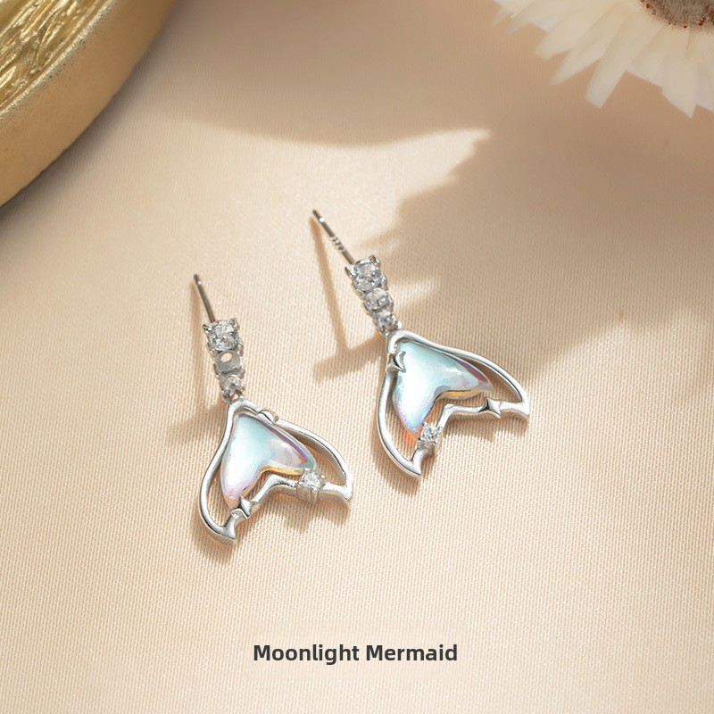 Moonstone fish tail earrings, sterling silver, summer style, trendy, Instagram-worthy, ocean-themed, mermaid earrings, jewelry