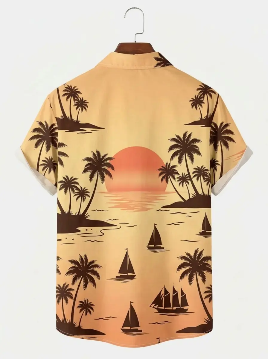 Men's printed shirts Beige Sunset Palm Tree Hawaiian Shirt