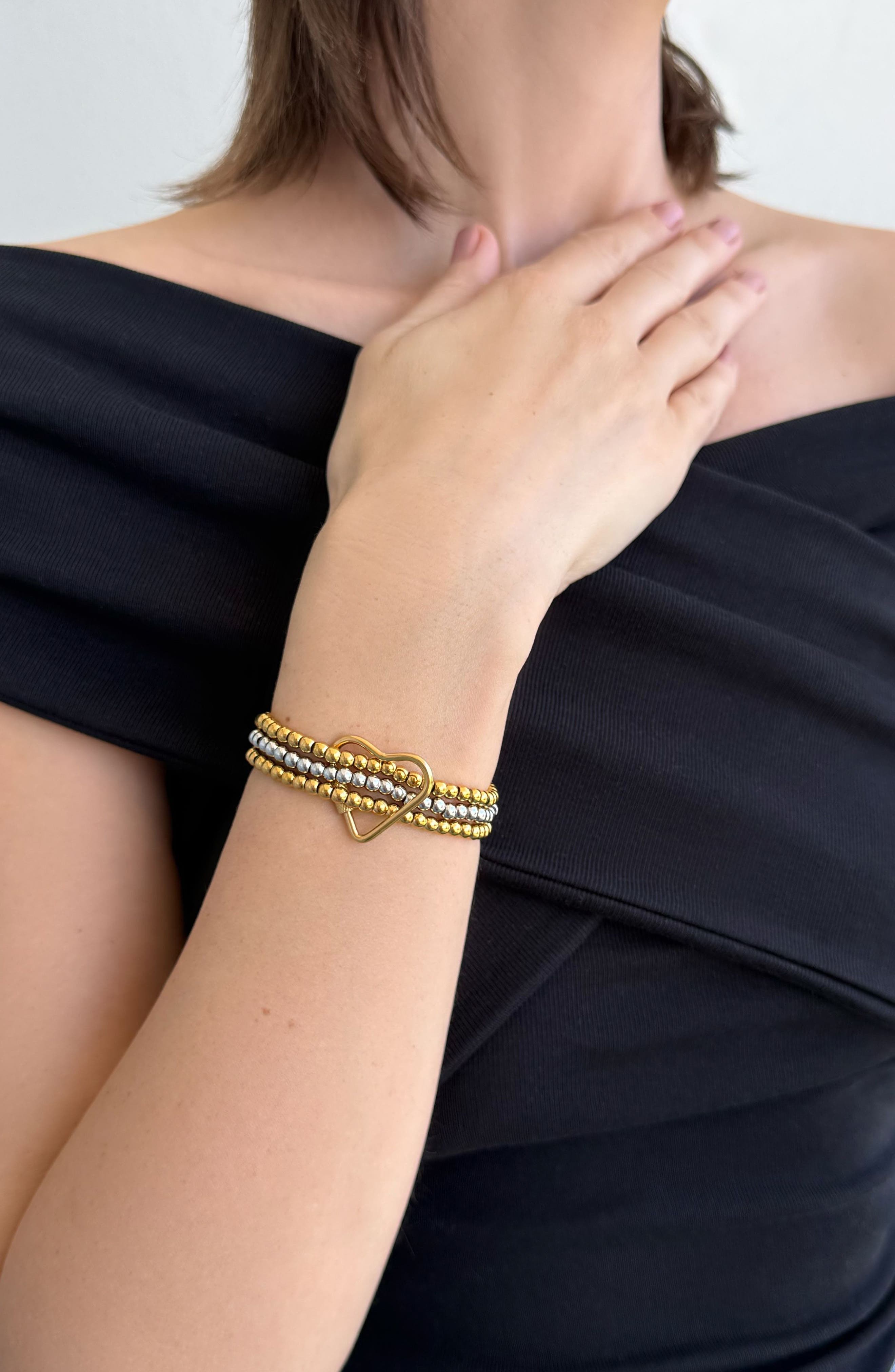 Adornia Set of 3 Two-Tone Heart Carabiner Beaded Stretch Bracelets