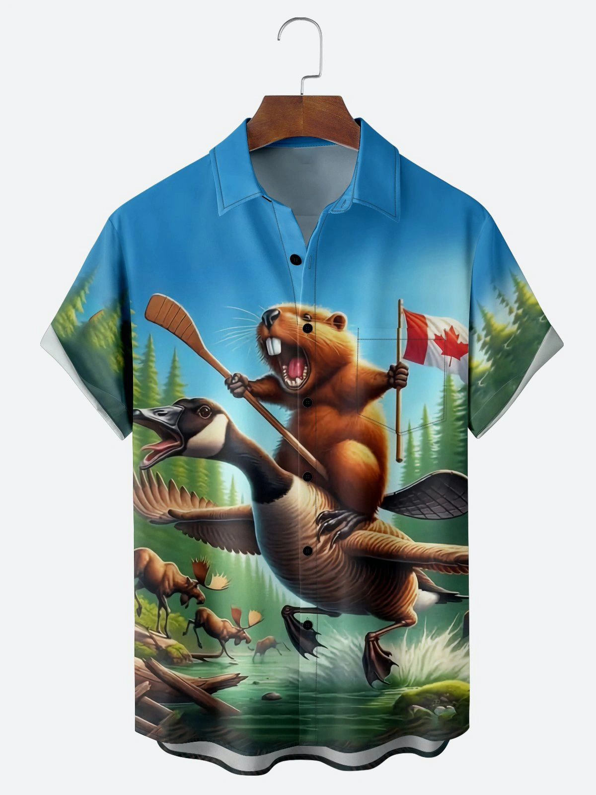 Moisture Wicking Canada Groundhog Maple Leaf Chest Pocket Hawaiian Shirt