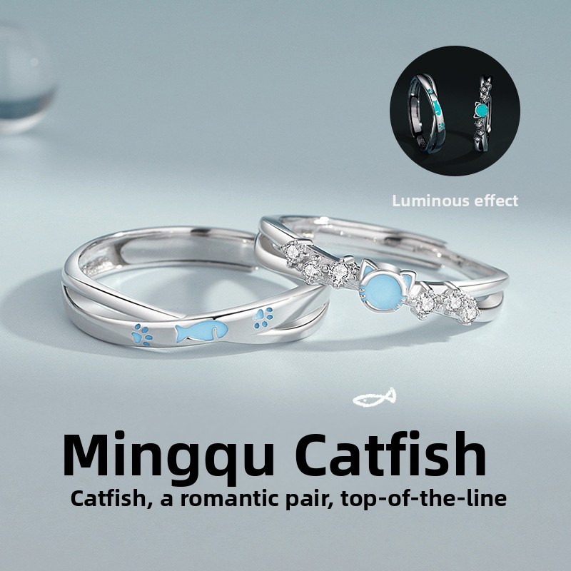 Original Cat and Fish Love Night Glow Couple Rings, Pure Silver, Unique Design, Enamel and Resin Rings, Instagram-worthy Ring Gift