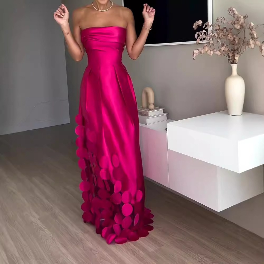 Sexy Elegant Off Shoulder Satin Spliced Hollow Out Party Dress Women's Summer Backless Red Chic Banquet Evening Dresses 2026 New