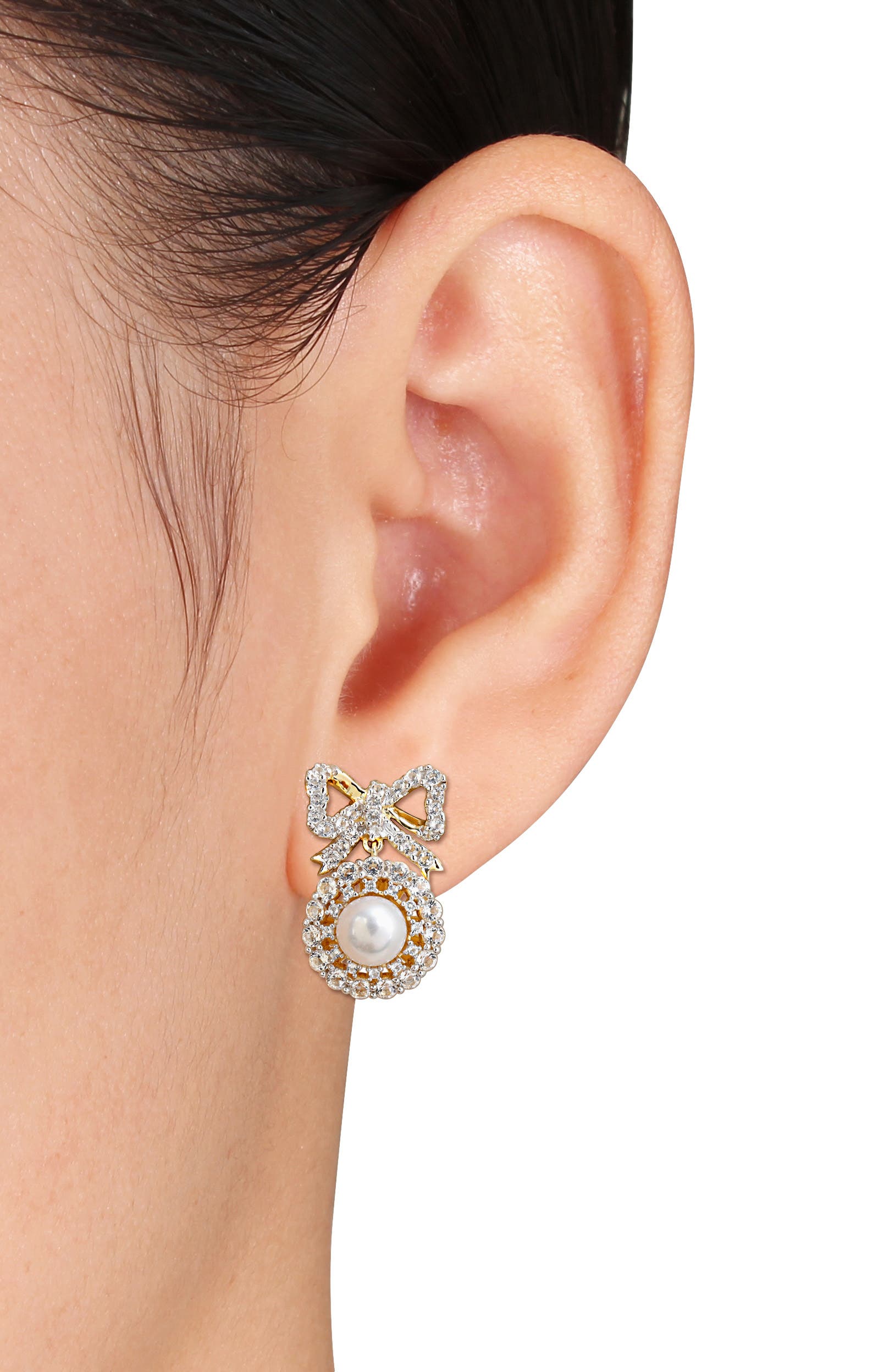 DELMAR 6-6.5mm Cultured Freshwater Pearl & White Topaz Bow Stud Earrings