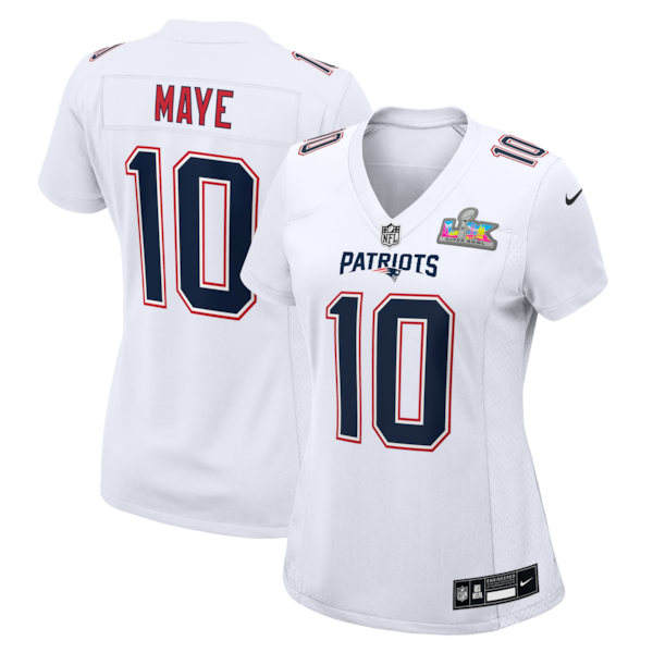 Women's New England Patriots Drake Maye Nike Super Bowl LX Patch Tundra Fashion Game Jersey - White/Black/Silver