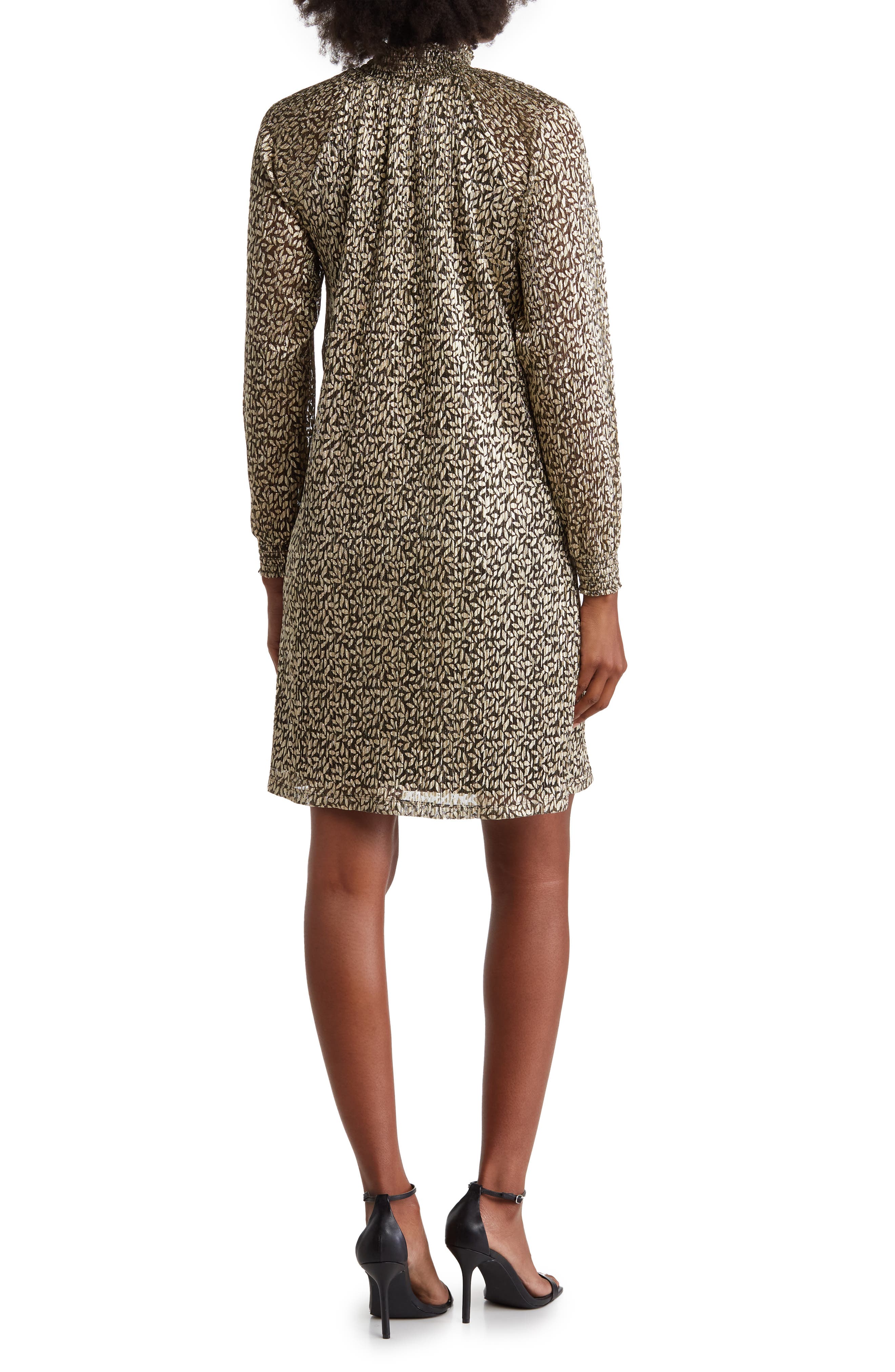 Nina Leonard Smock Neck Float Foiled Print Trapeze Cocktail Dress