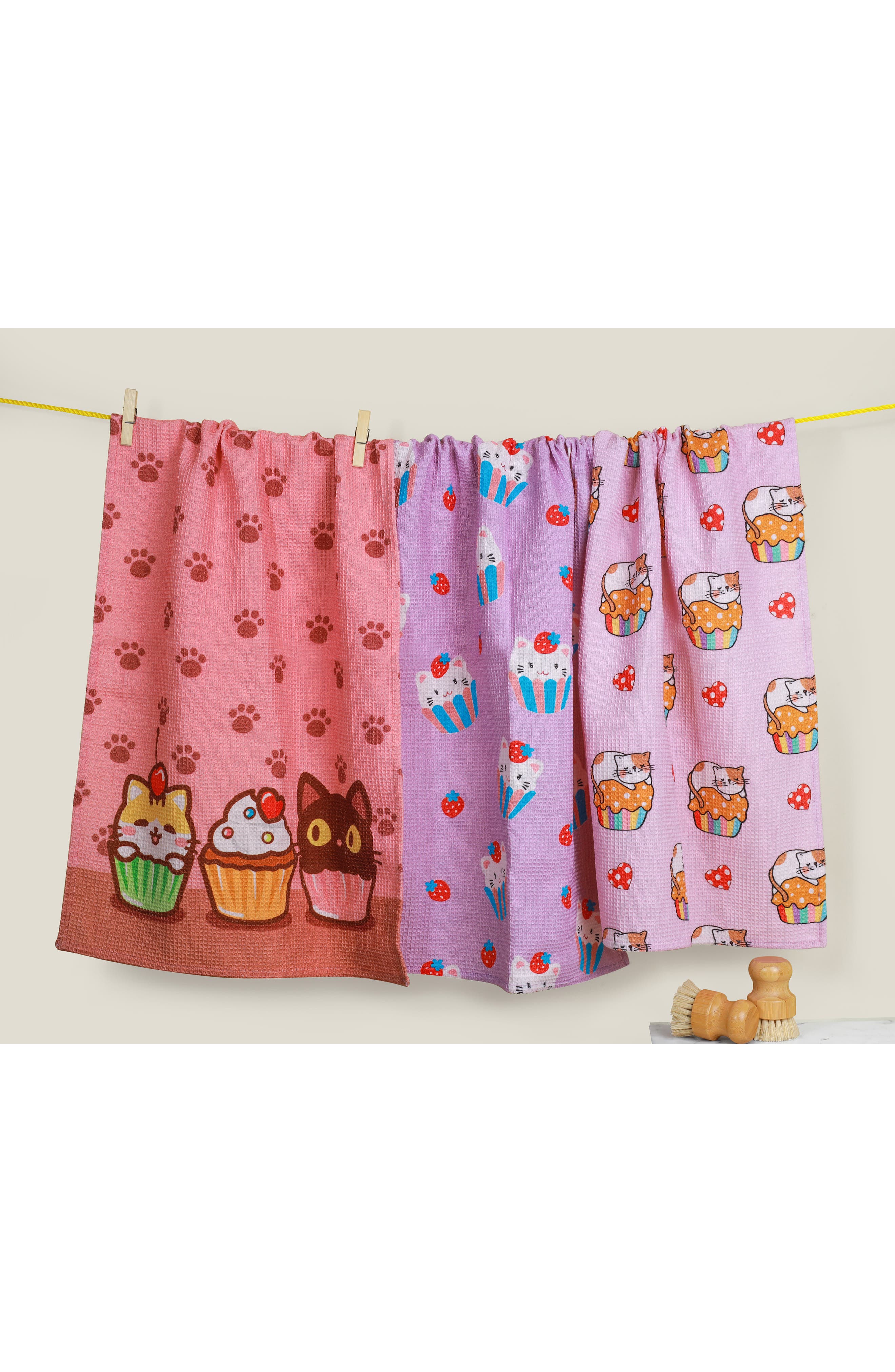 Tiramisu Set of Three Kawaii Cupcake Cat Kitchen Towels