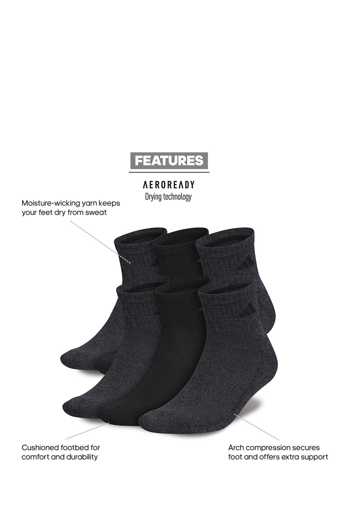 adidas Athletic Cushioned Quarter Crew Socks - Pack of 6