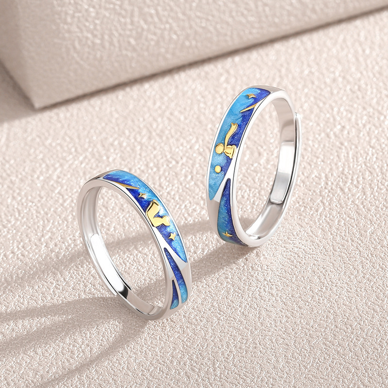 Original Little Prince couple rings, made of 925 sterling silver, a pair of rings for men and women, featuring a unique design and an adjustable opening