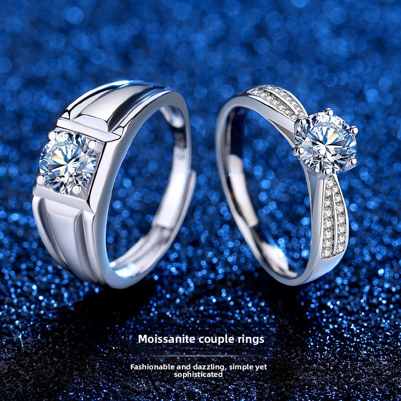 Moissanite diamond ring, minimalist Korean-style fashion couple ring, 925 sterling silver, classic six-prong setting, 1-carat moissanite diamond wedding ring