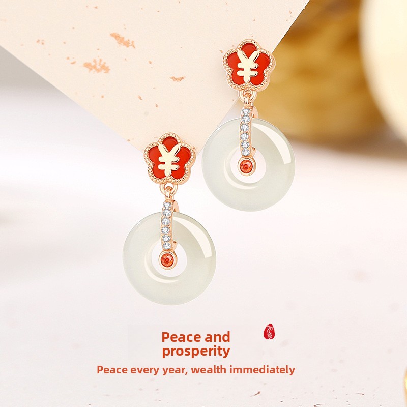 Original design, “Money Flower” safety buckle earrings for women, made of pure silver, featuring a retro Chinese style, Hetian jade, and red agate flower embellishments