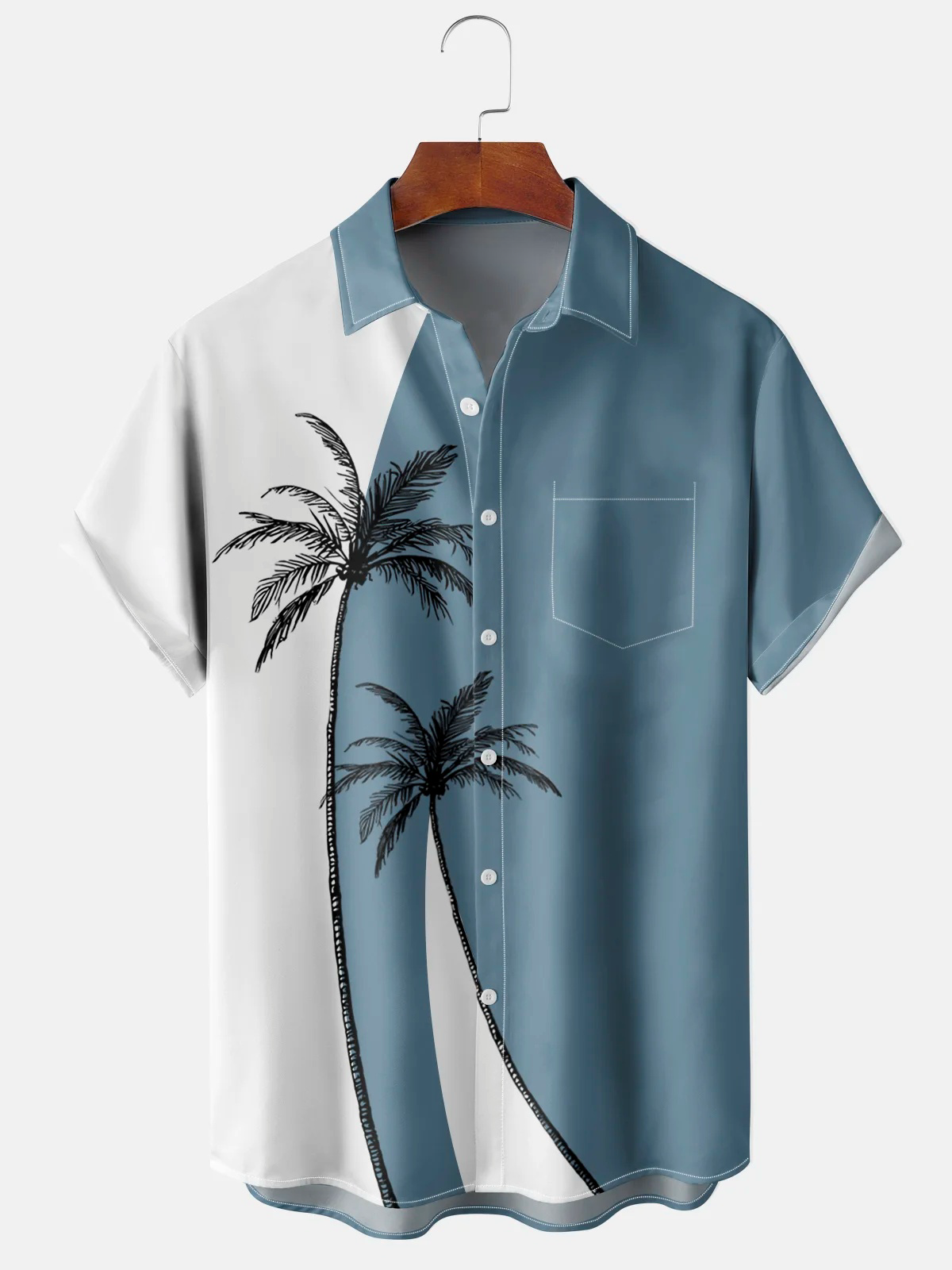 Men's Coconut Tree Color Block Print Casual Breathable Hawaiian Short Sleeve Shirt with Pockets