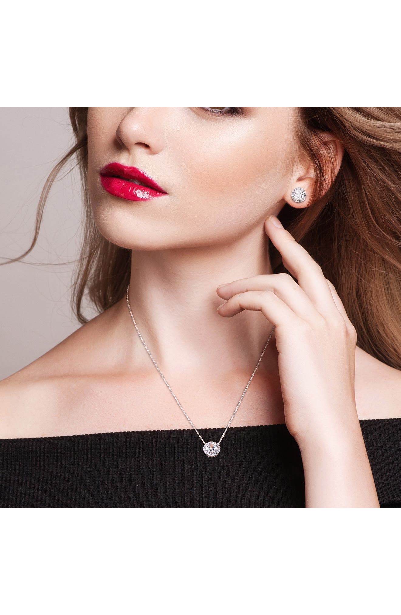 DELMAR Lab Created White Sapphire Halo Pendant Necklace & Stud Earrings Set
