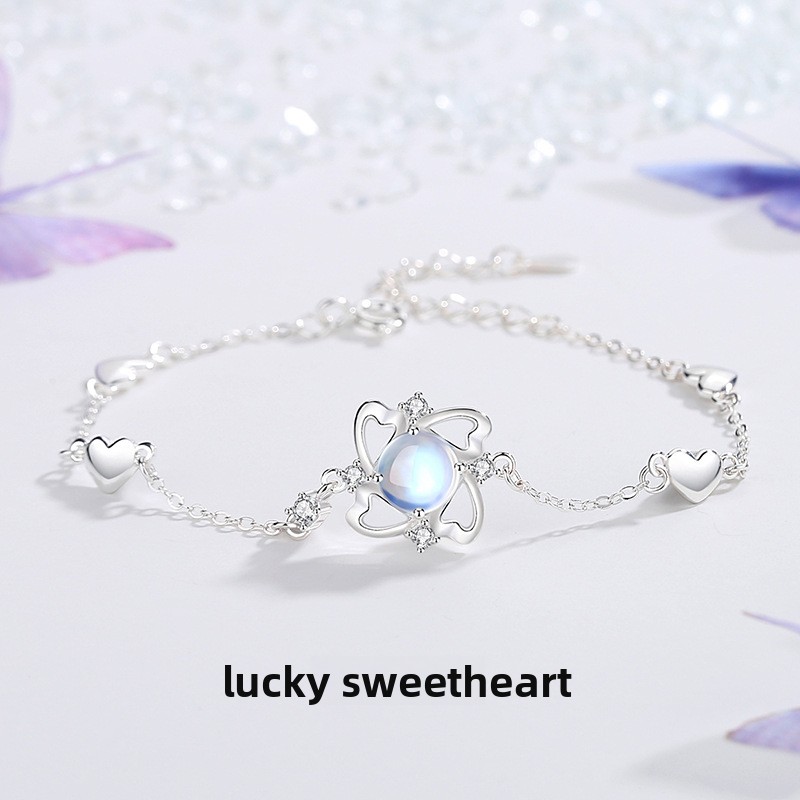 Original design, heart-shaped windmill bracelet for women, made of pure silver, Korean style, trendy and unique, with a high-end feel, featuring moonstone and heart-shaped beads