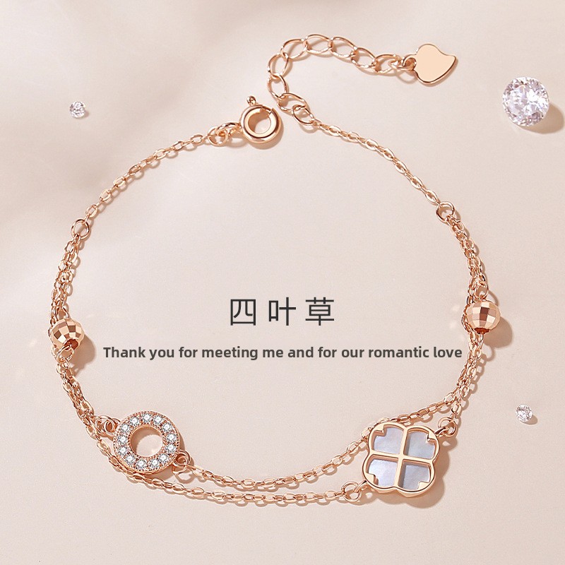 Double-layer four-leaf clover bracelet for women, featuring summer rose gold and white mother-of-pearl, trendy and minimalist design, a unique forest-style piece of jewelry, made of pure silver