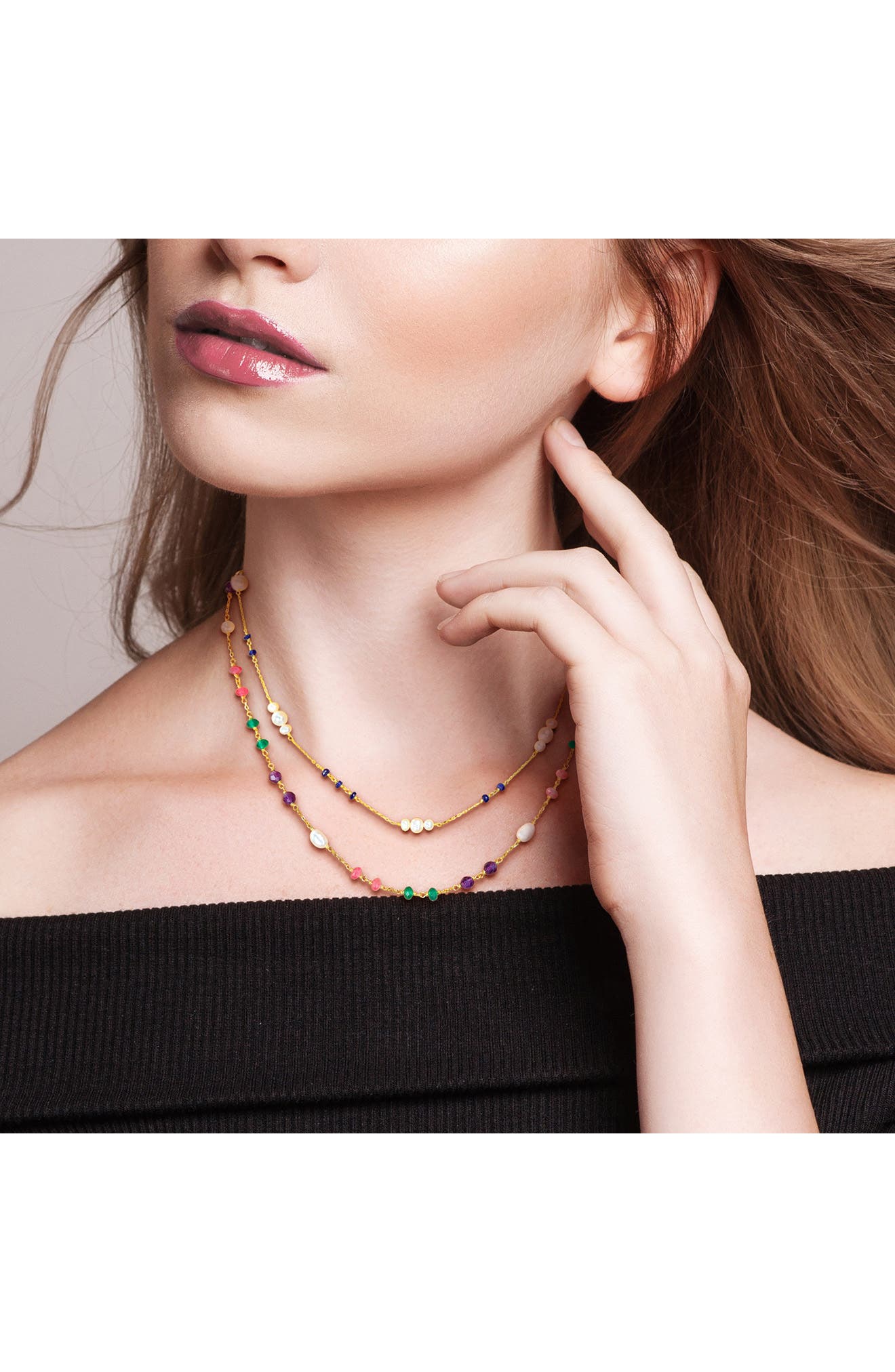 DELMAR Set of 2 Semiprecious Stone & Cultured Freshweater Pearl Necklaces