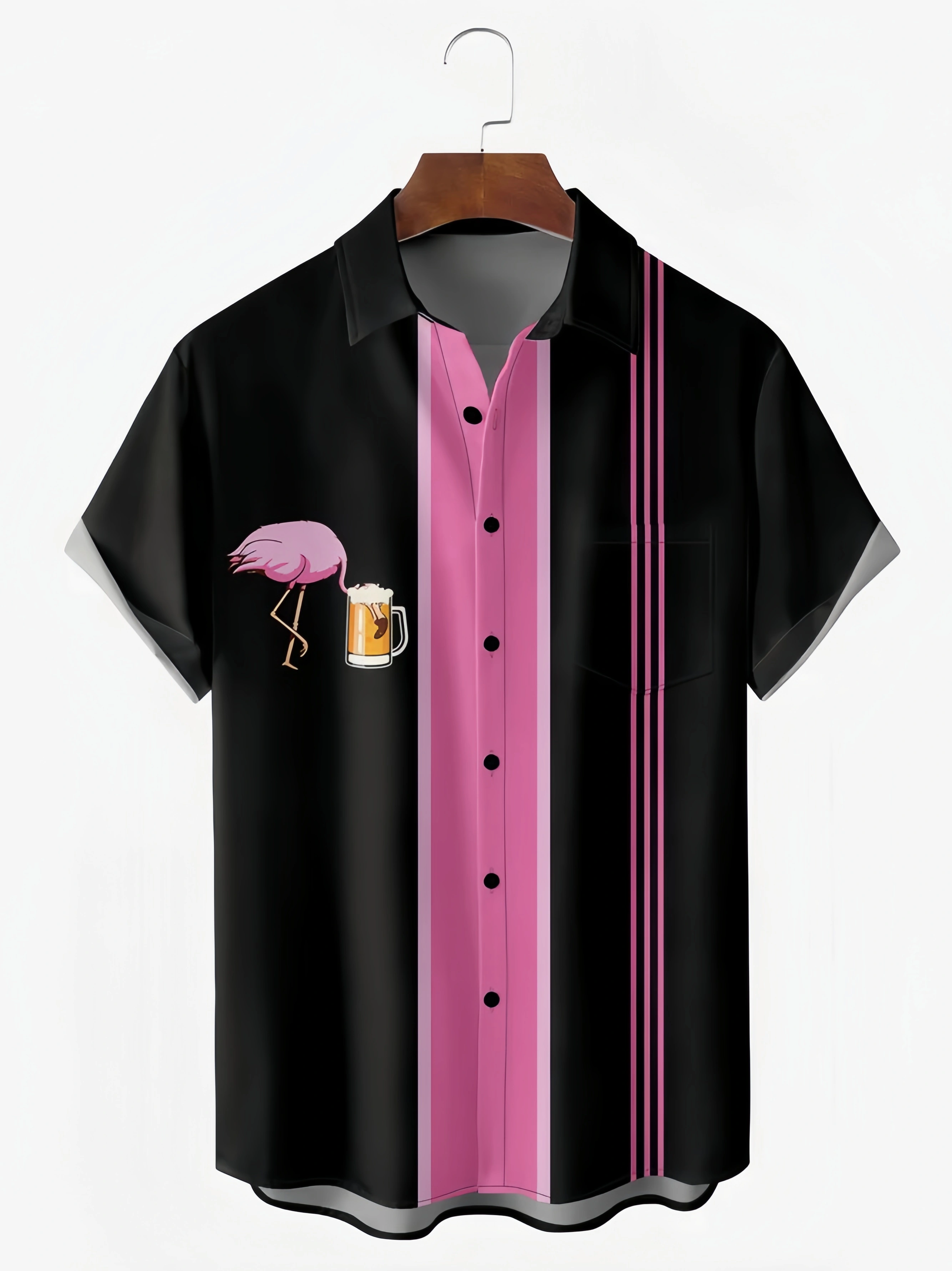 Flamingo Beer Chest Pocket Short Sleeve Bowling Shirt