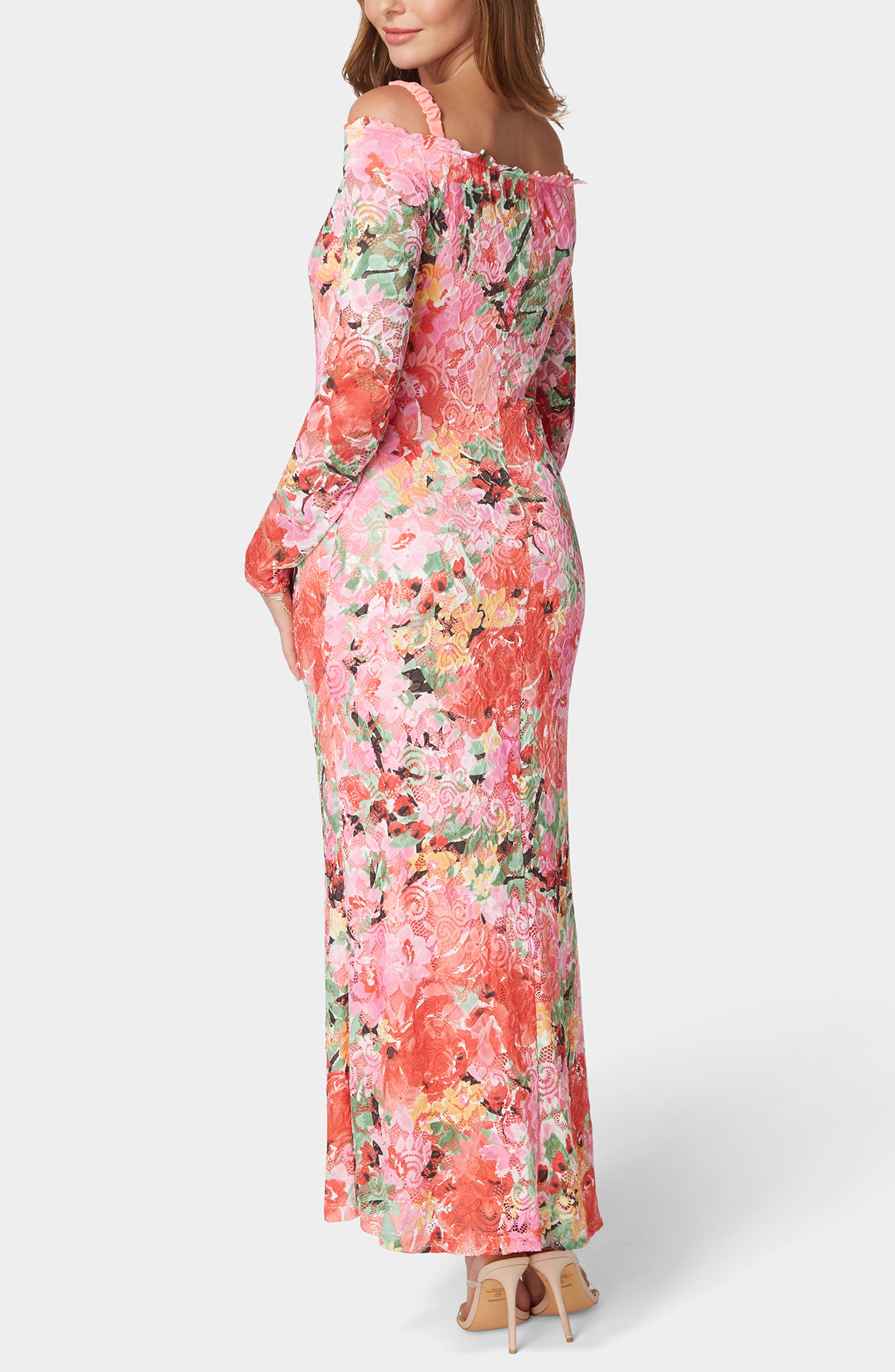 Oleg Cassini Print Lace Off the Shoulder Long Sleeve Maxi Dress