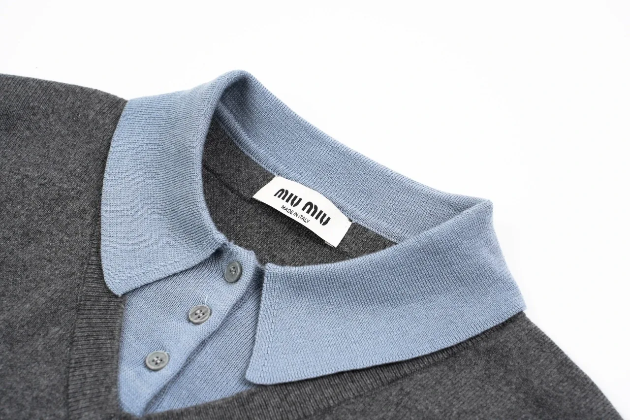 Miu Miu Grey Jacquard Logo Layered Cashmere Knit Polo Sweater product photo from LabelPicks