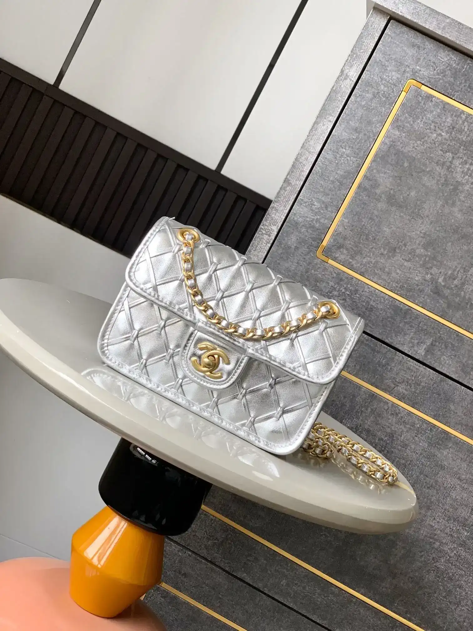 Chanel Classic Flap Silver Woven Leather Shoulder Bag product photo from LabelPicks