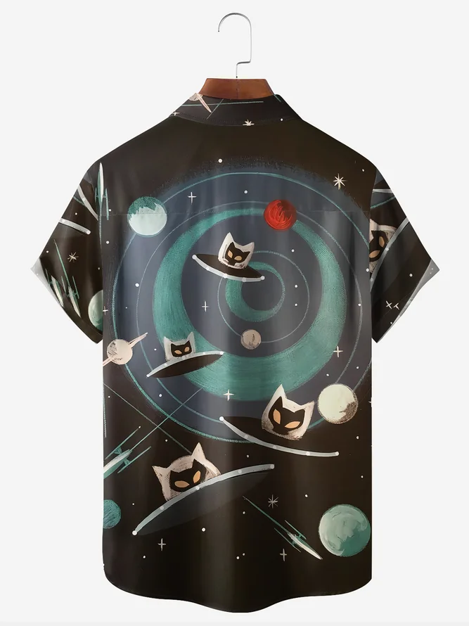 Mid Century Spaceship Cat Chest Pocket Short Sleeve Casual Shirt