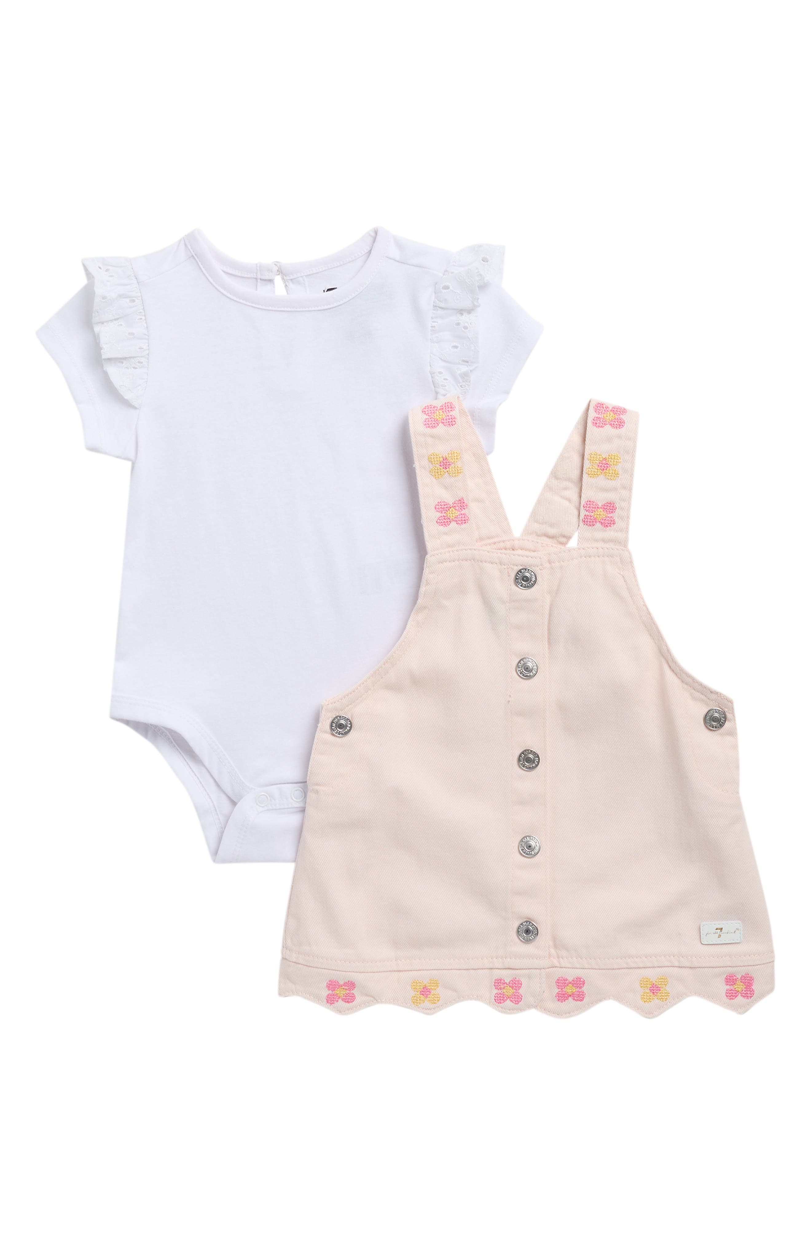 7 For All Mankind Ruffle Bodysuit & Denim Pinafore Dress Set