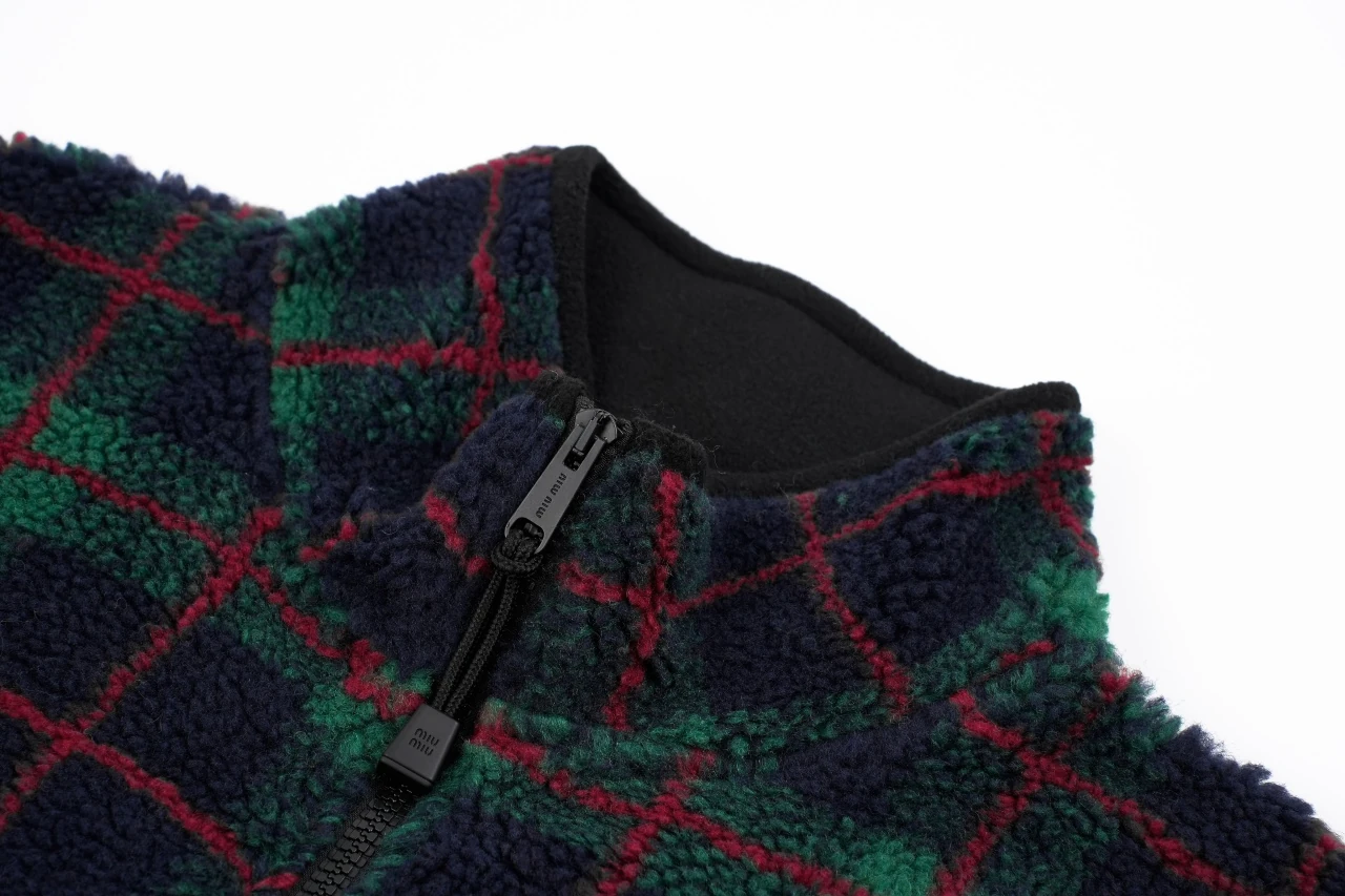 Miu Miu Dark Green Check Fleece Zip Jacket product photo from LabelPicks