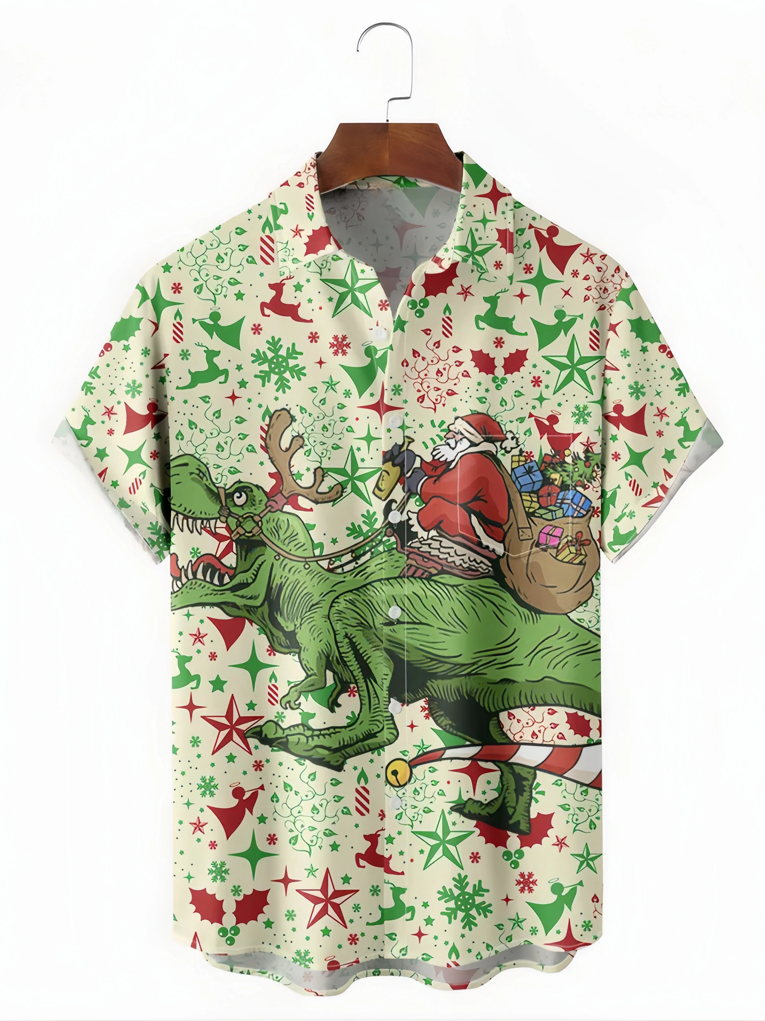 Christmas Dinosaur Chest Pocket Short Sleeve Casual Shirt