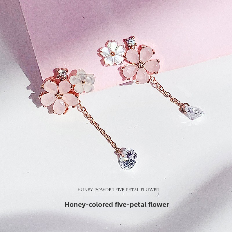 925 sterling silver, forest-themed five-petal flower earrings, Korean-style, delicate and fresh, with mother-of-pearl flower and tassel accents, new autumn collection