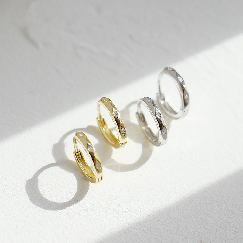 Korean-style, niche design, diamond-studded ear clips, pure silver, fashionable 14K gold-plated, round geometric earrings, Instagram-style earrings
