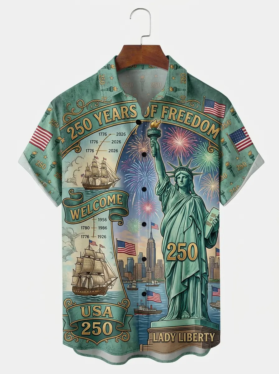 Men's printed shirts, Lady Liberty 250 Years of Freedom Vintage Aloha Shirt