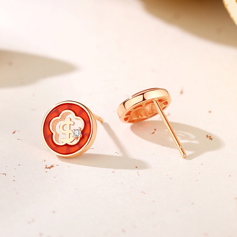 Original design, guaranteed to bring wealth every year: red agate earrings for women, made of 925 sterling silver, featuring a new Chinese-style rose gold floral and geometric design, perfect for the New Year