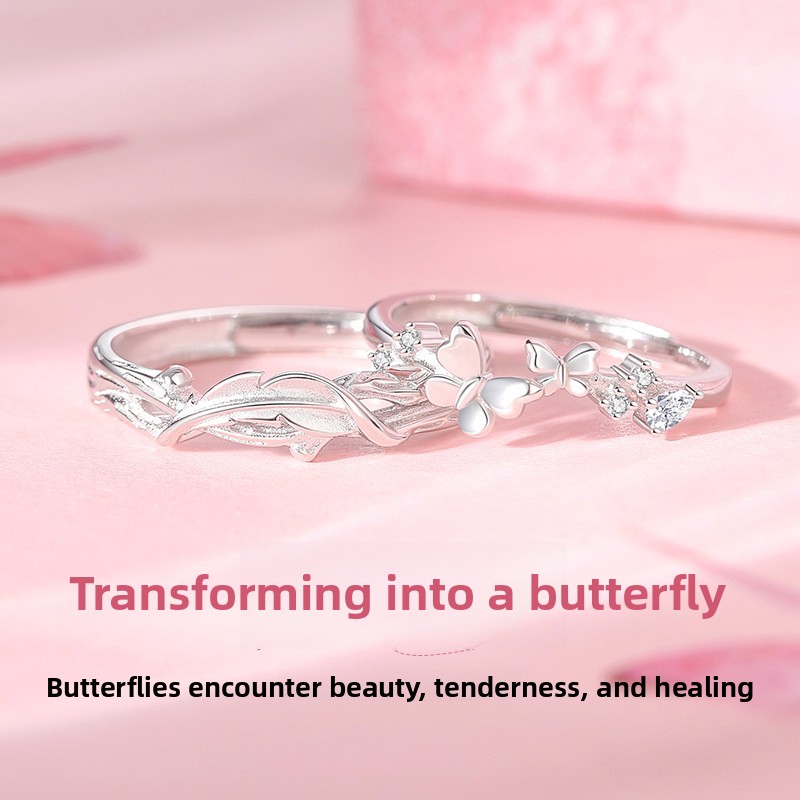 Original design, butterfly-themed couple rings, featuring a unique and understated aesthetic, open-style rings, made of pure silver, a perfect Valentine's Day gift