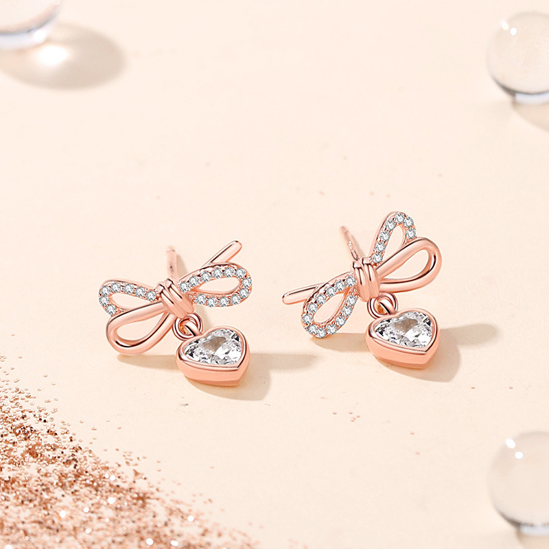 Heart-shaped bow earrings for women, pure silver, Korean style, trendy, fresh, sweet, versatile, zirconia earrings with a high-end feel