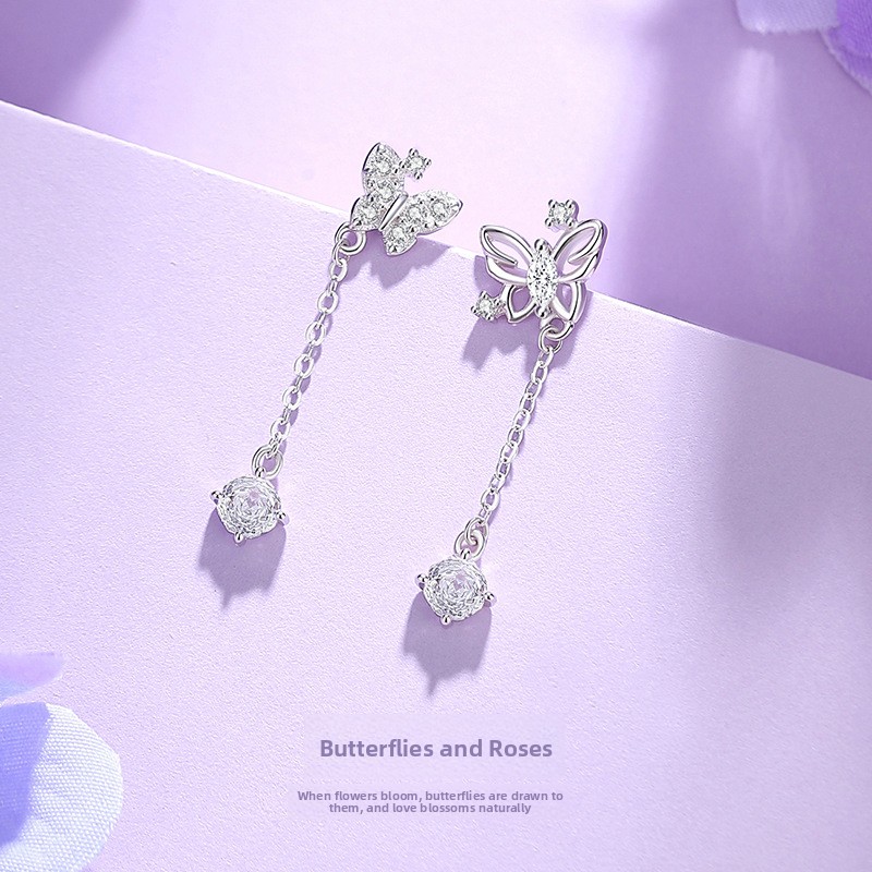 Original butterfly and rose earrings, women's sterling silver, Korean style, delicate and fresh, forest-inspired, with tassels, lightweight and luxurious, high-end earrings