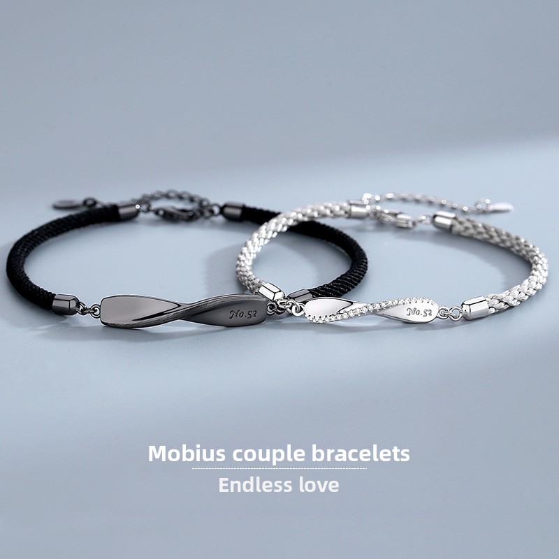 Möbius ring couple bracelets, sterling silver, a pair for men and women, featuring a unique braided design, Korean style, simple, and perfect as a Valentine's Day gift
