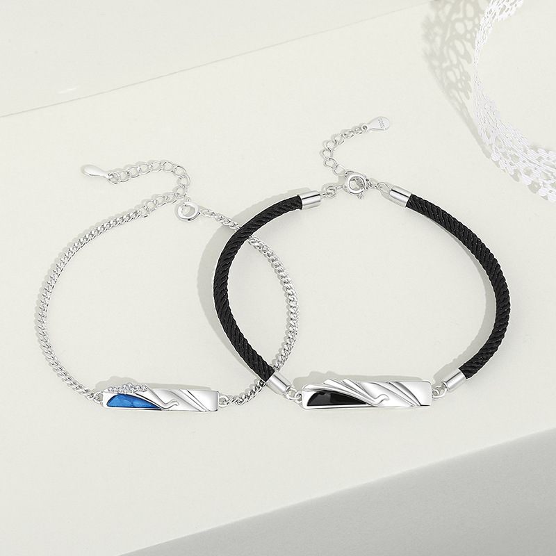 Original design, unique couple bracelets featuring a mandarin duck motif, enamel and resin detailing, geometric patterns, and sterling silver, perfect as Valentine's Day jewelry